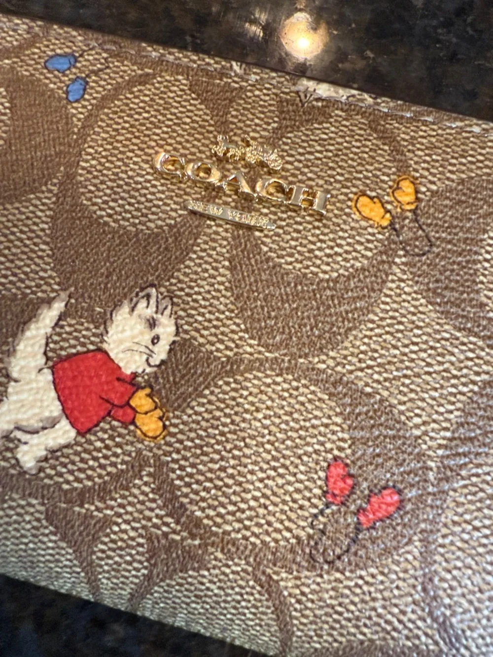 Coach Beige Signature Canvas Continental Wallet with Playful Cat Print - Picture 2 of 16